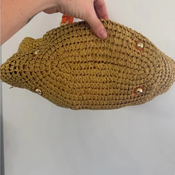 Michael Kors women’s tan straw beach shoulder tote bag with orange leather strap - Picture 5 of 13